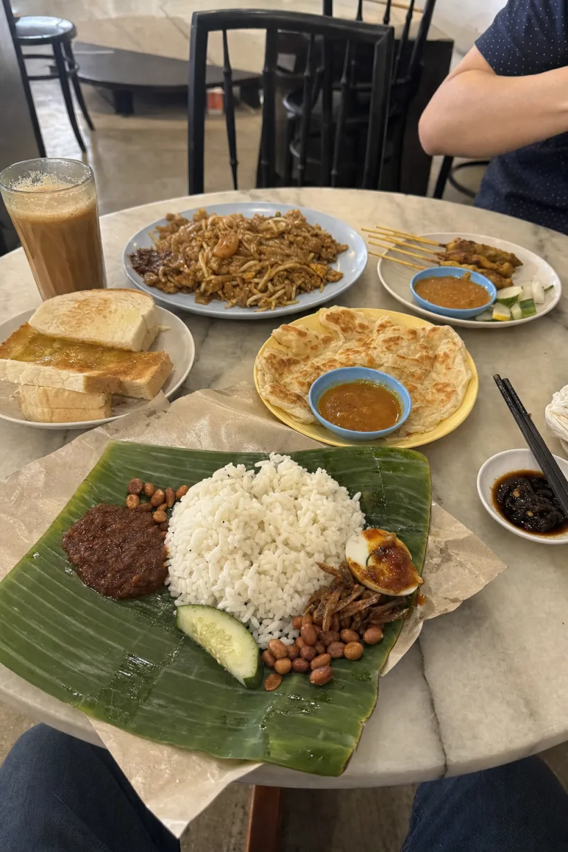 A Malaysian kopitiam table full of local food