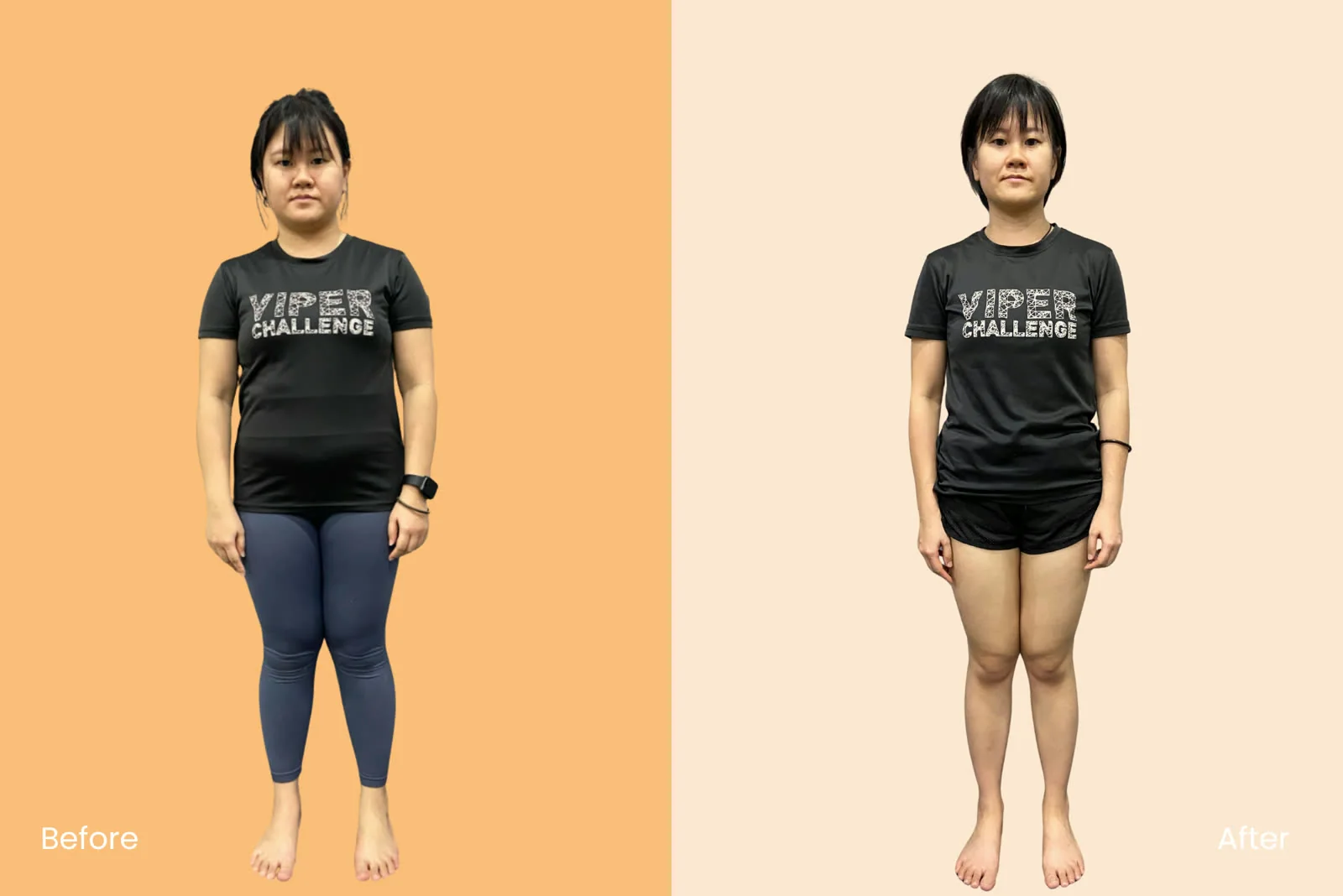 MJ’s transformation, before and after, front view