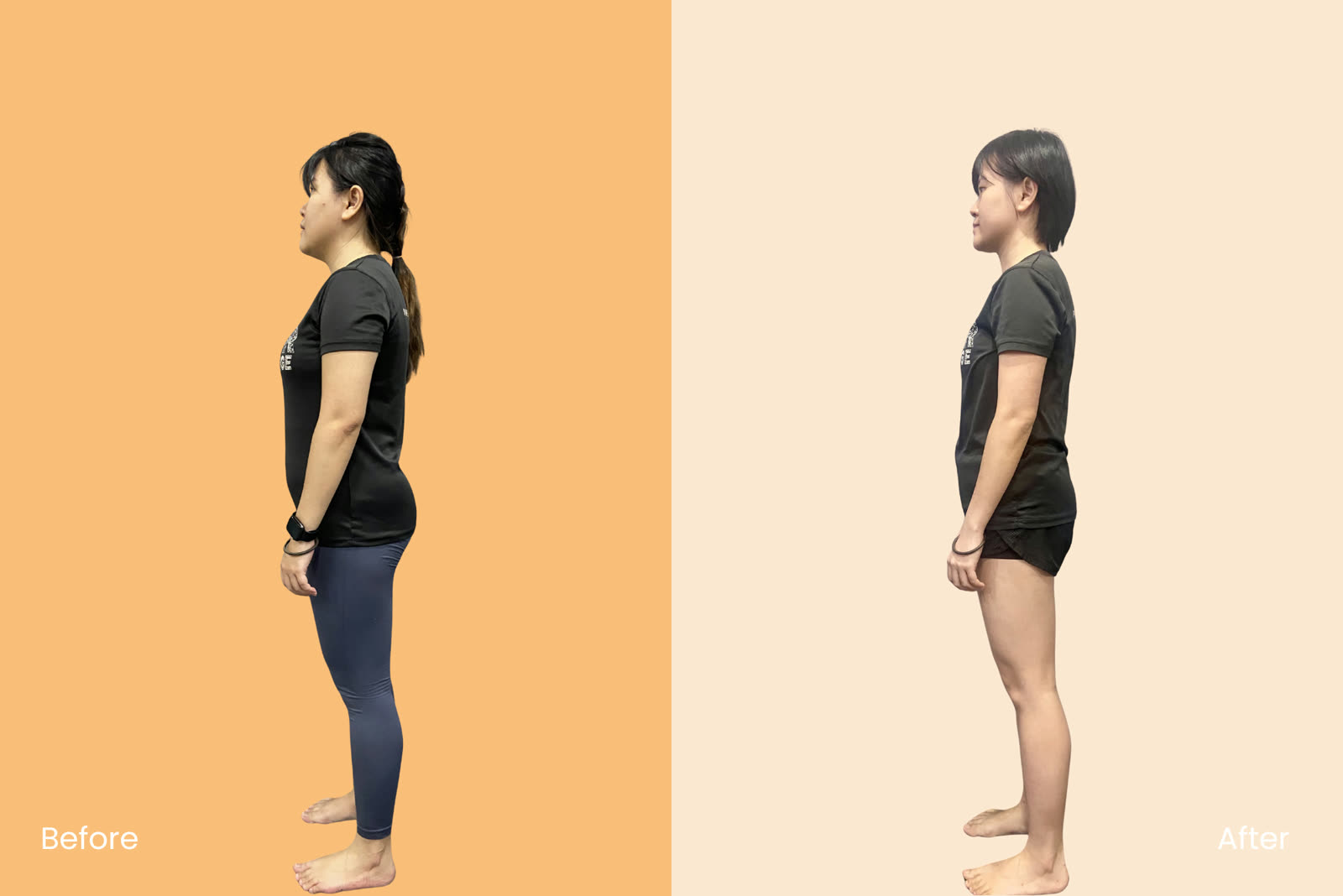 MJ’s transformation, before and after, side view