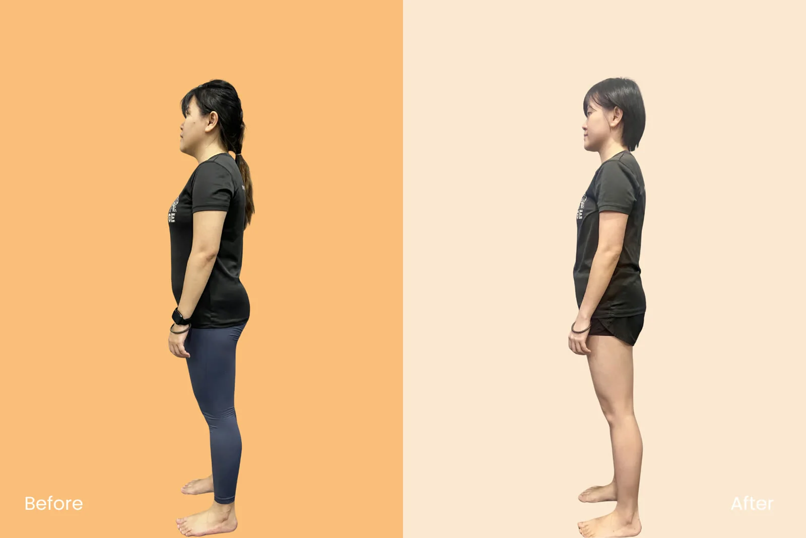 MJ’s transformation, before and after, side view