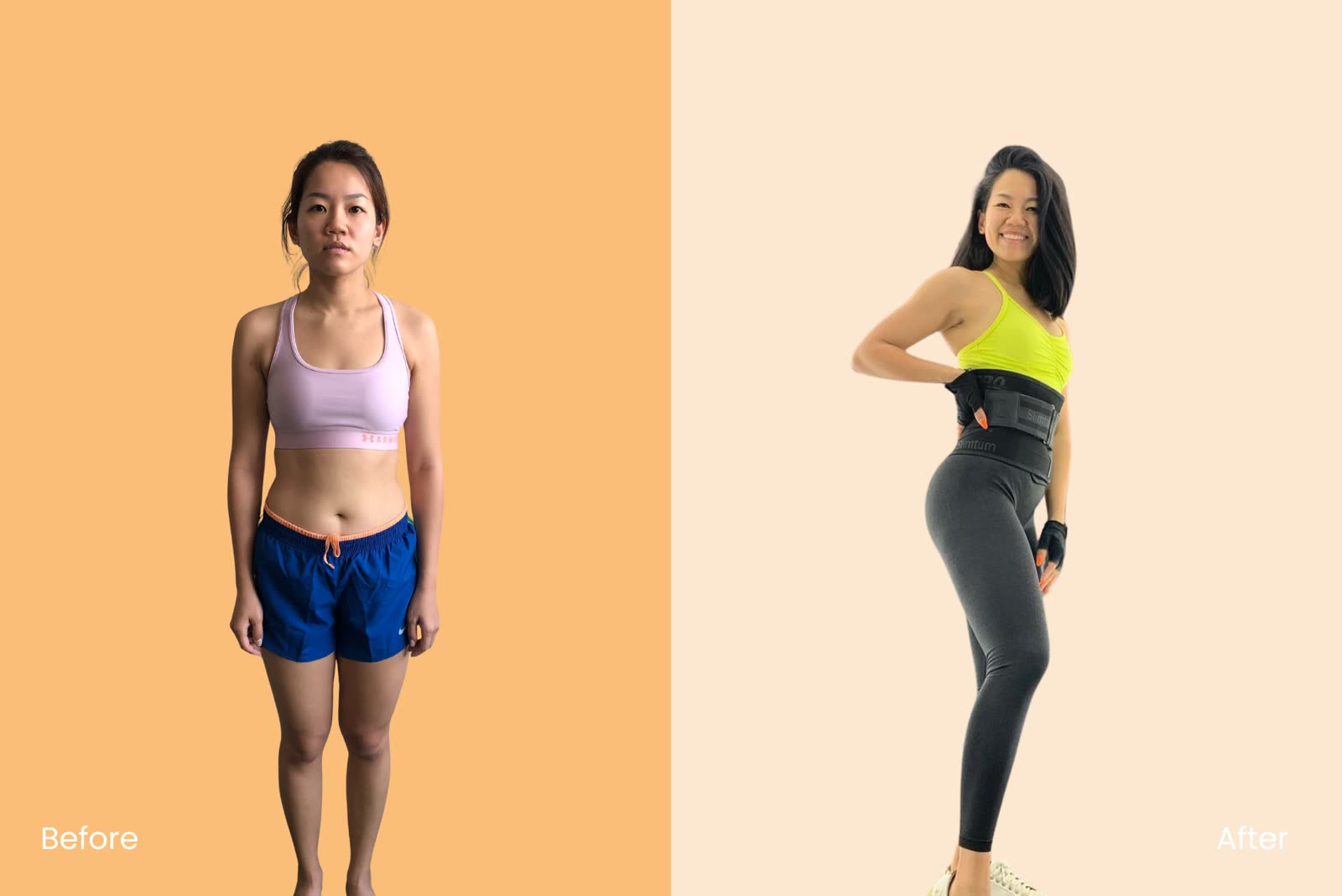 Phoebe’s transformation, before and after, front view