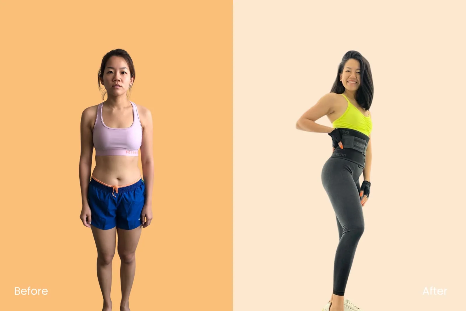 Phoebe’s transformation, before and after, front view