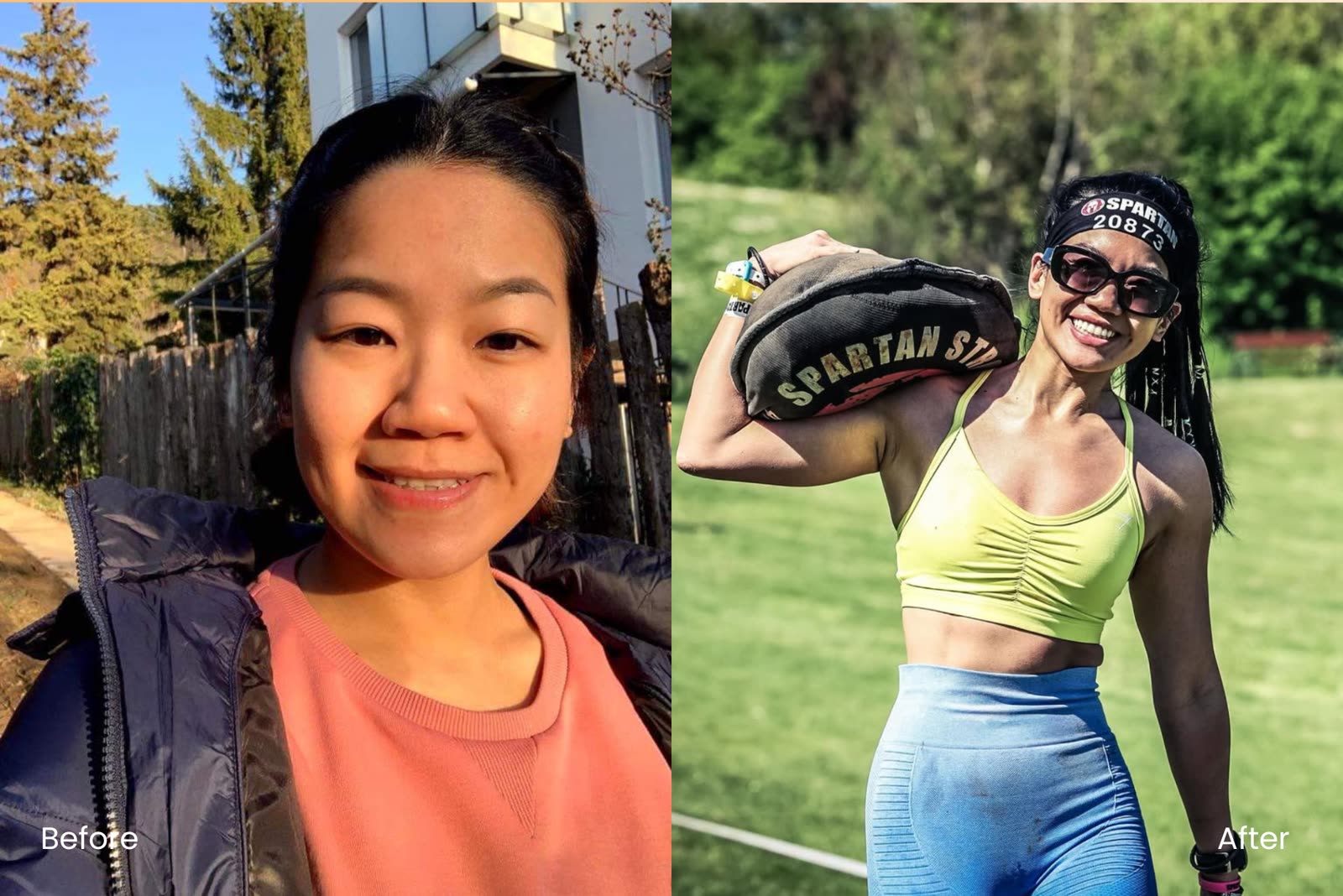 Phoebe before her journey and after, carrying a Spartan sandbag