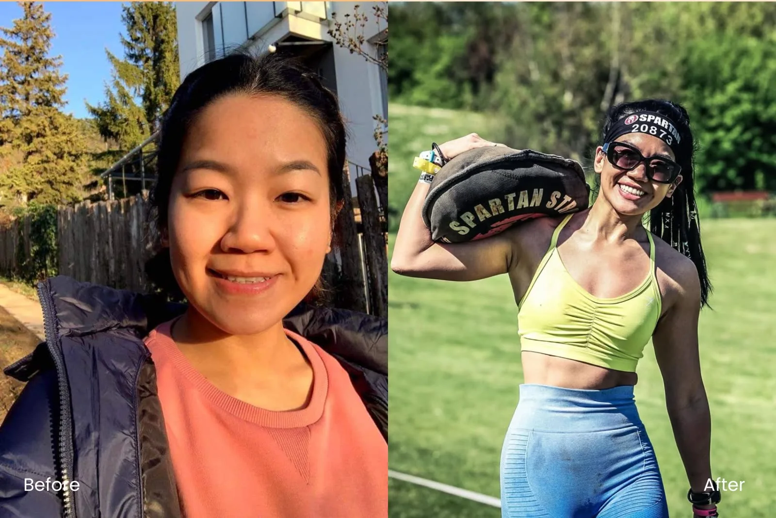 Phoebe before her journey and after, carrying a Spartan sandbag