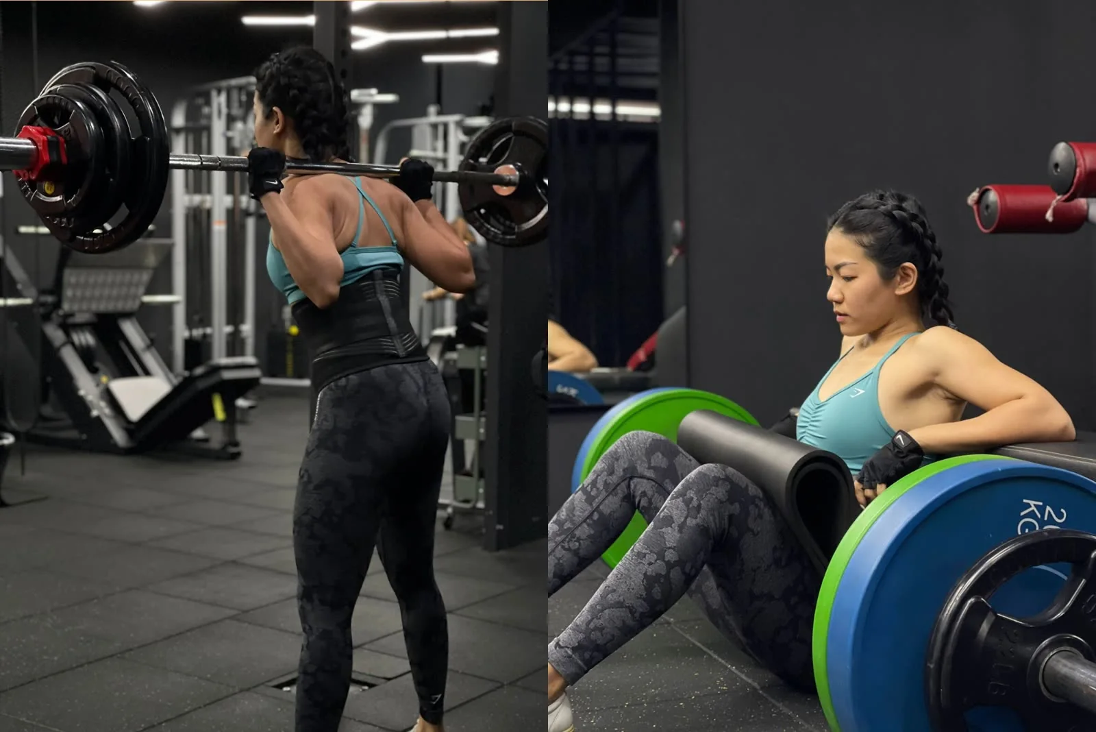 Phoebe training with barbell squats and hip thrusts at Fitcom