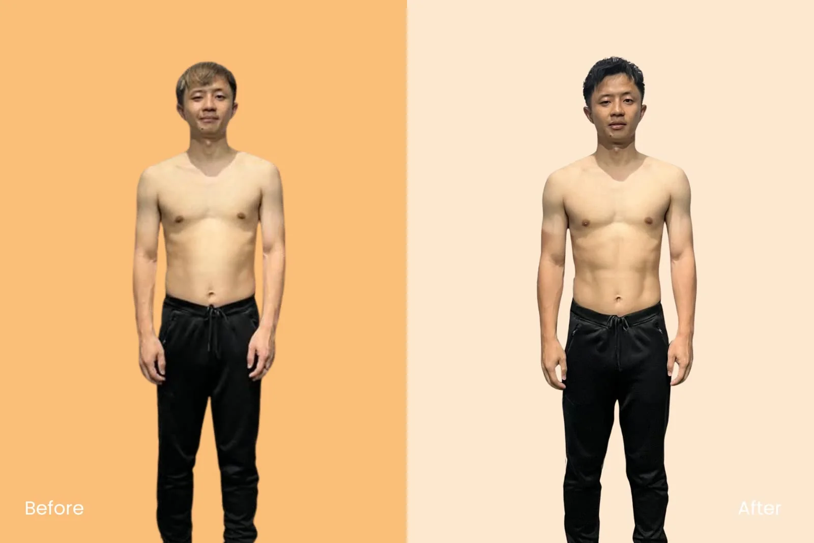 Tai Heng’s transformation, before and after, front view