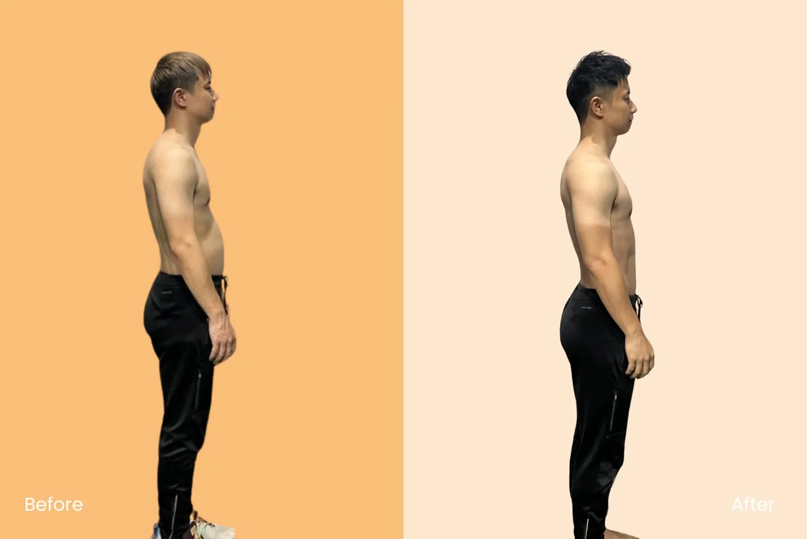 Tai Heng’s transformation, before and after, side view