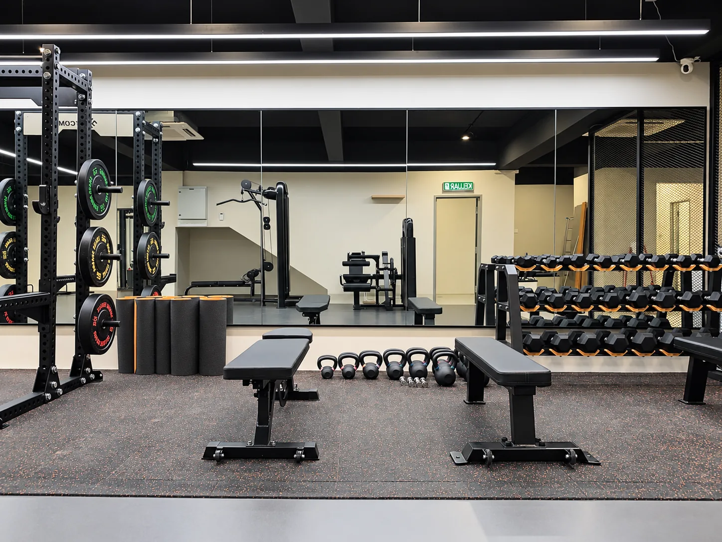 Benches, kettlebells and the rack wall